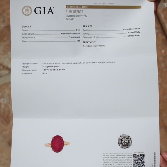 GIA Longido Ruby 6.21ct Solid 18K Yellow Gold Ring - Picture 10 of 10
